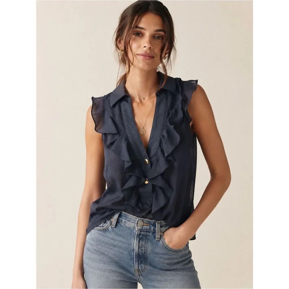 Sunner Navy Ruffle Sleeveless Blouse Sheer Cotton Top Small